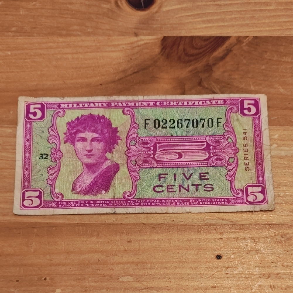 Vintage Military Payment Certificate Five Cents - Pink & Green